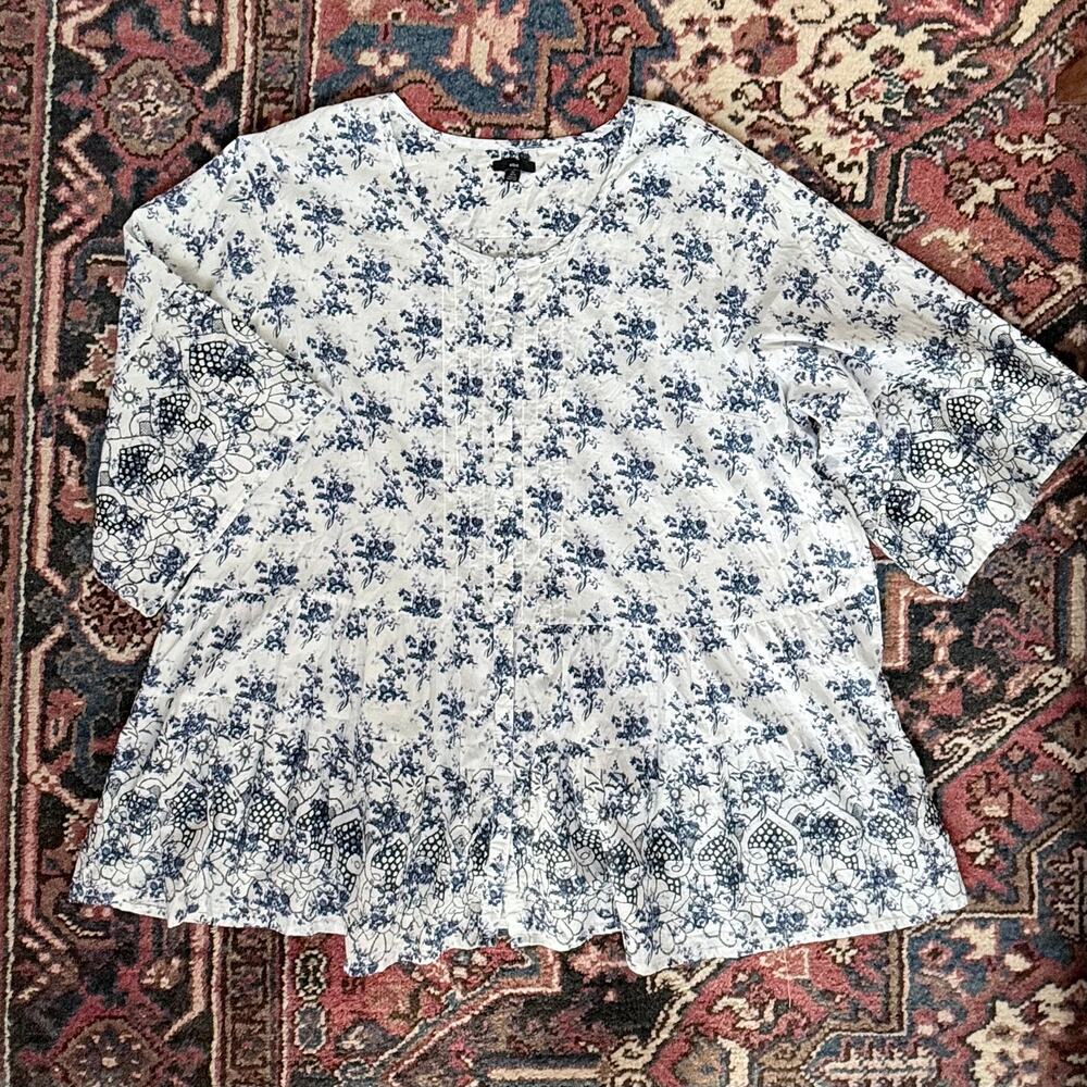 Ellos 4X Tiered Cotton Tunic Blouse - Blue & White‎ Floral Toile - Size 34/36